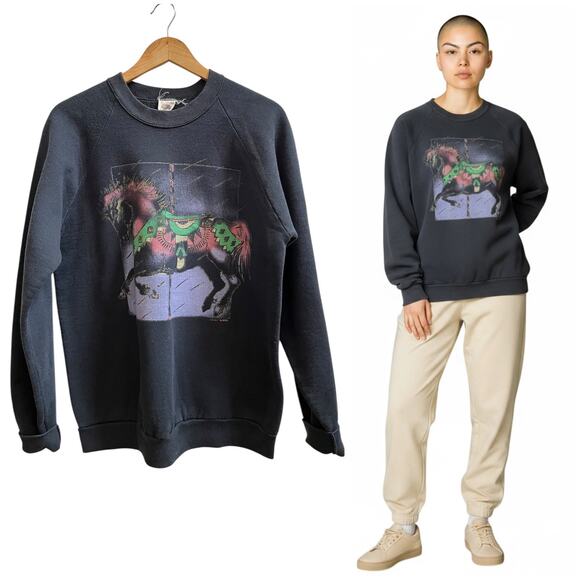 Vintage 1990 Fruit of The Loom USA The Wild Side Carousel Print Sweatshirt Large - Picture 1 of 12